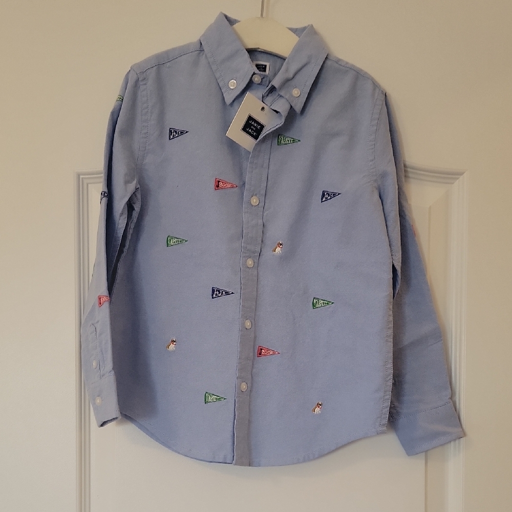 J. Crew Light Blue Shirt with Embroidered Flags